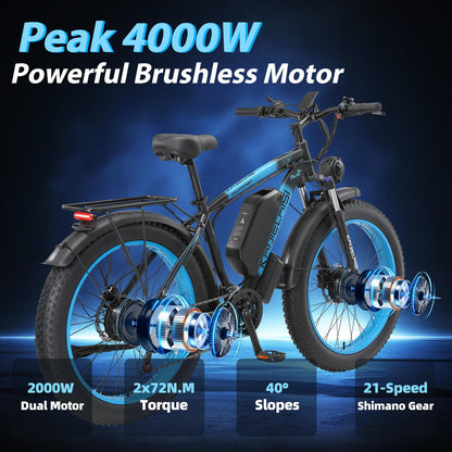 AWD Electric Bike for Adults, Peak 4000W Power 26” Fat Tire Ebike Dual Motor Electric Bicycles 48V 22.4AH Removable Battery