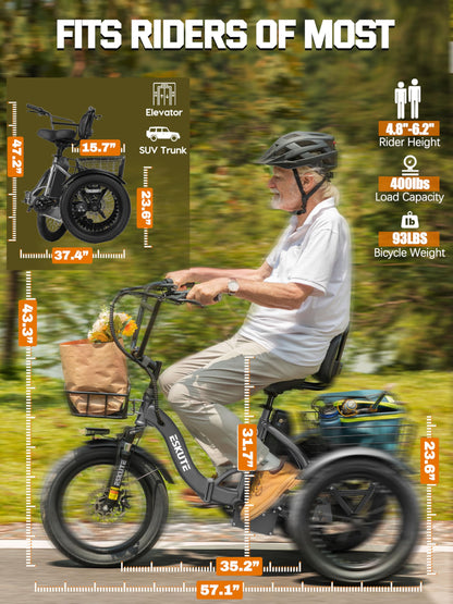 ESKUTE E Trike Electric Bike, Peak 1200W Brushless Motor Folding Trike 18X3.0 Fat Tire Ebike, 624Wh Removable Battery