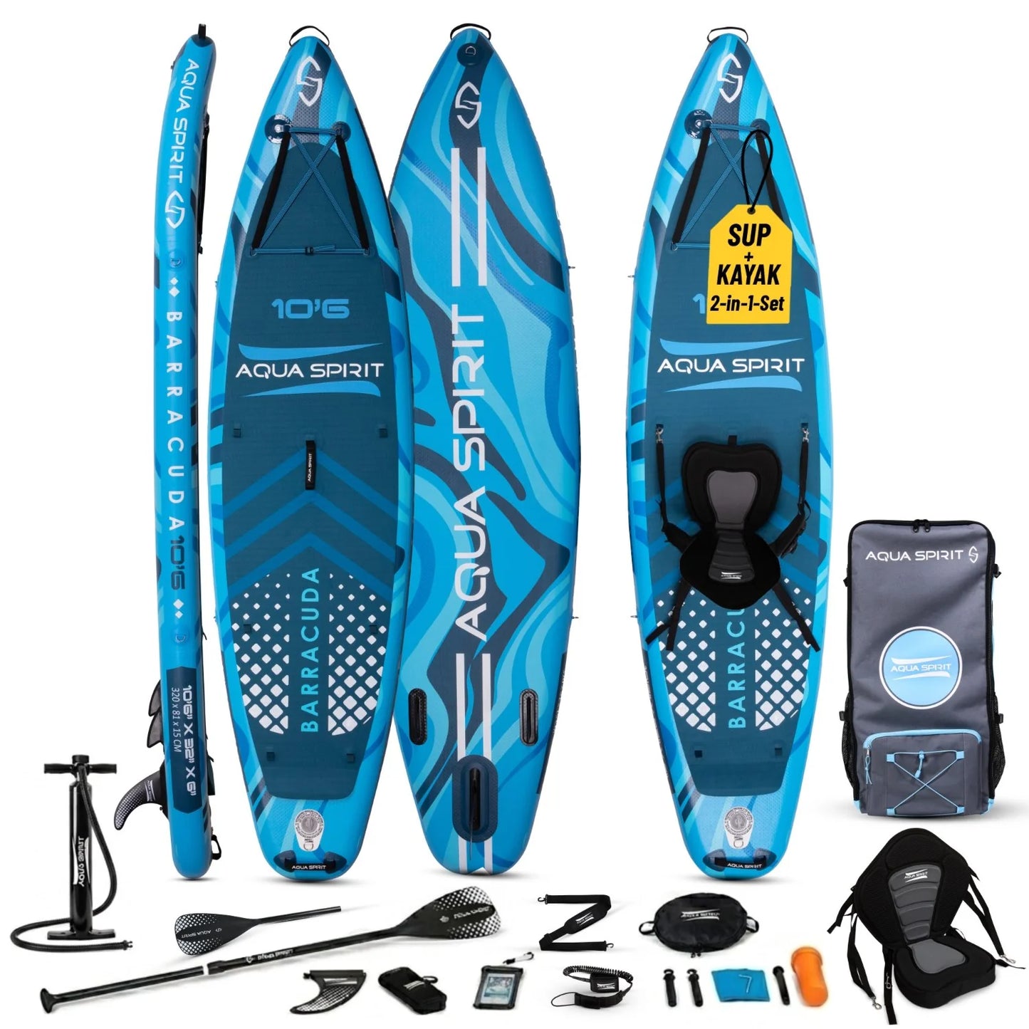 Aqua Spirit Barracuda 10'6" Inflatable SUP Paddle Board with Kayak Conversion Kit